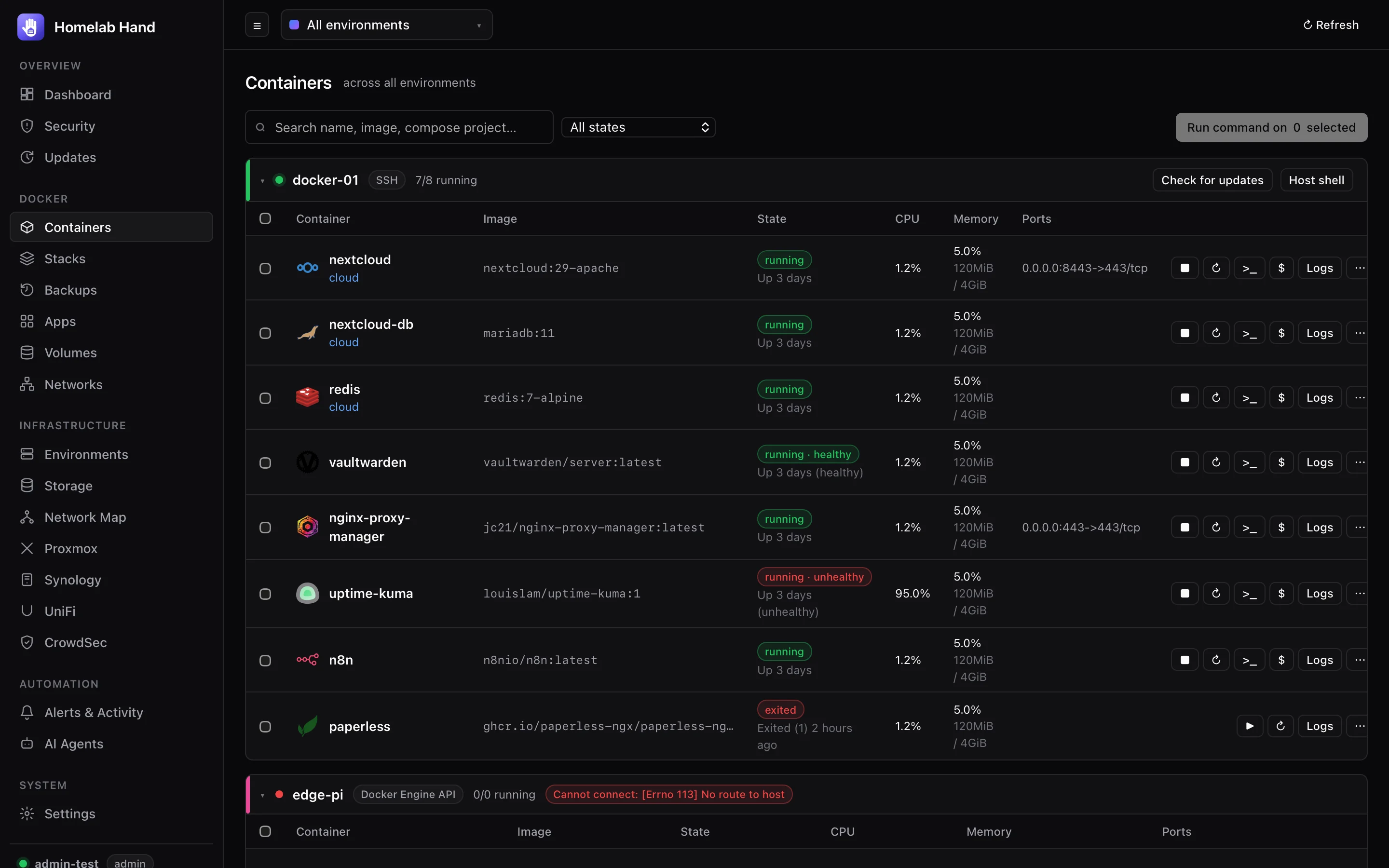 Containers page