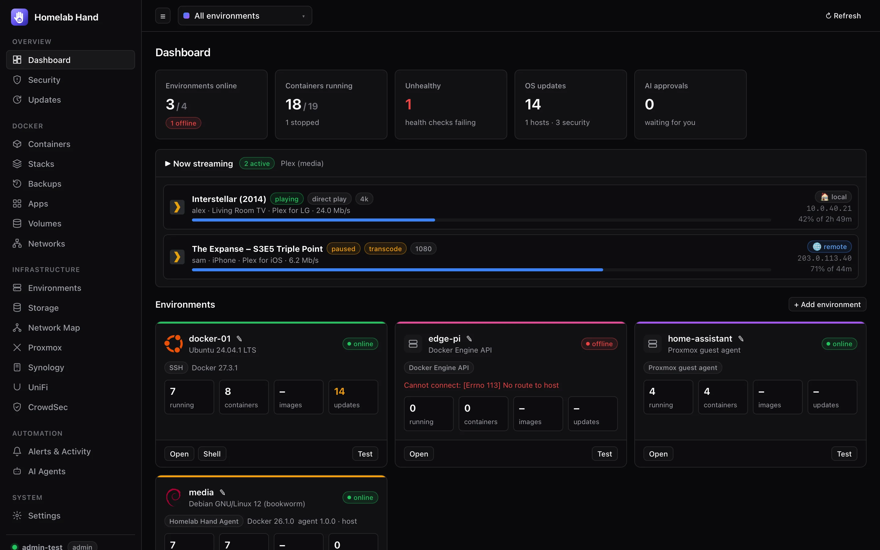 The Homelab Hand dashboard with environments, containers, updates and live streams