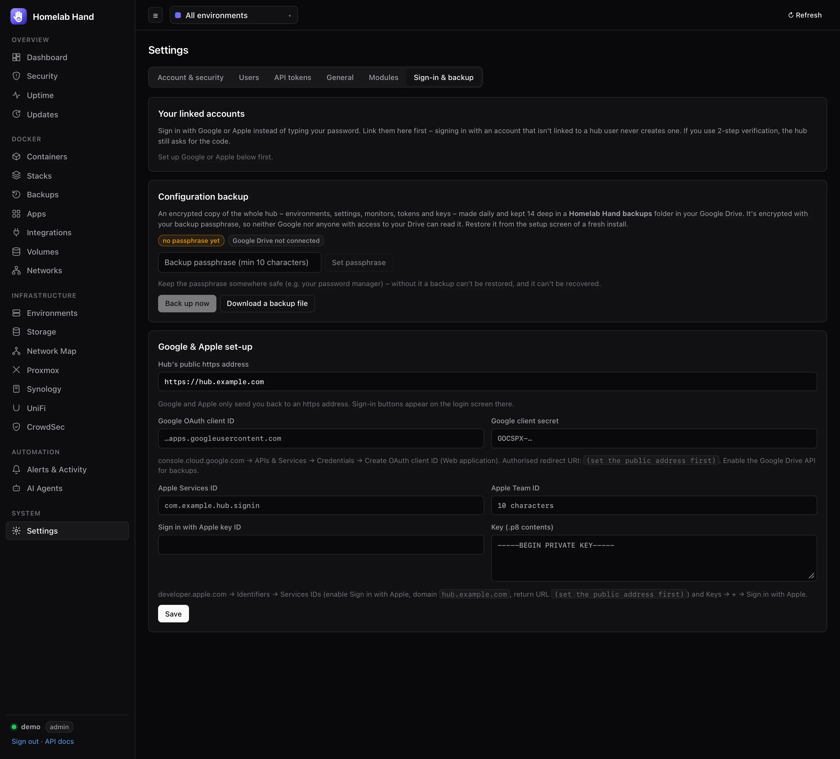 Settings – Sign-in & backup
